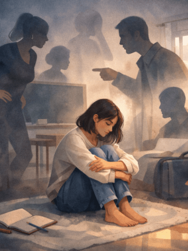 Illustration of a young person surrounded by shadowy figures symbolizing past environments influencing inner self-talk