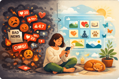 Illustration of a woman sitting cross-legged on the floor, calmly using her smartphone as chaotic social media notifications and angry emojis fade on one side, while a peaceful digital space with nature icons, soft sunlight, plants, a candle, and a sleeping cat appears on the other, symbolizing curated social media and reduced burnout