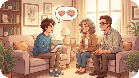 Illustration of a young adult talking calmly to two parents in a living-room setting, warm tones, private and supportive scene