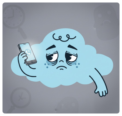 Illustration of a tired blue cloud character holding a smartphone, with droopy eyes and a fatigued expression, symbolizing mental exhaustion and low mood.