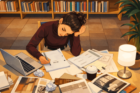 Illustrated 16:9 banner of an adult woman studying at a cluttered desk in a library, symbolizing adult ADHD challenges with focus, organization, and productivity.