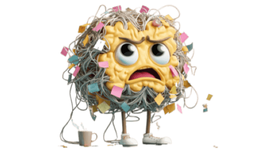 A stressed, cartoon-like brain character covered in tangled wires and sticky notes stands with an angry, overwhelmed expression, symbolizing mental clutter and micro-anxieties.