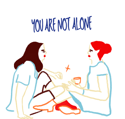 Hand-drawn illustration of two women sitting together with the text “You are not alone,” symbolizing emotional support, mental health awareness, and overcoming anxiety together.