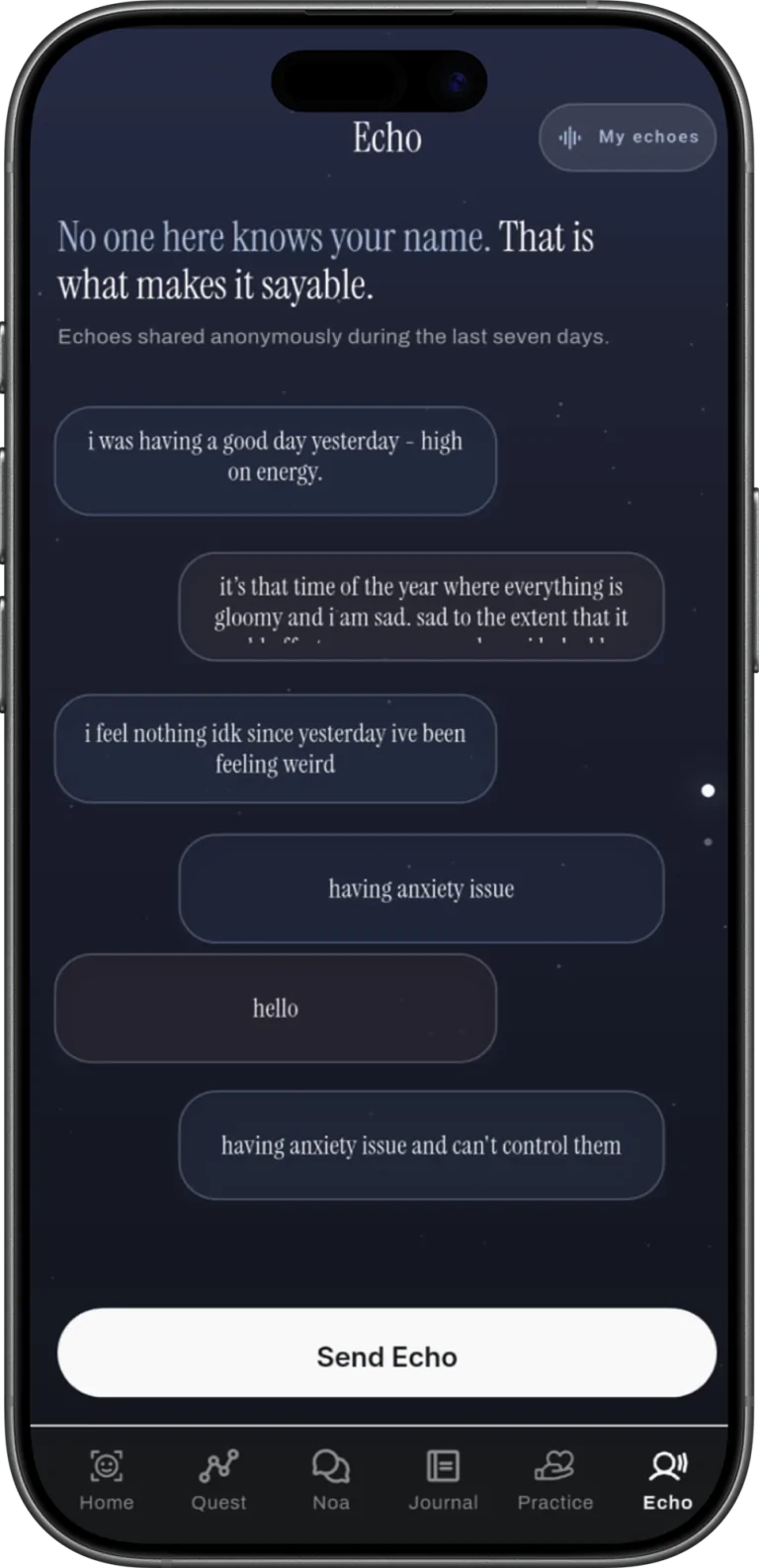 Simpli Human Echo screen for sharing feelings anonymously
