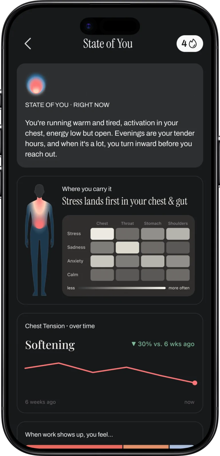 Simpli Human State of You screen showing where stress shows up in the body