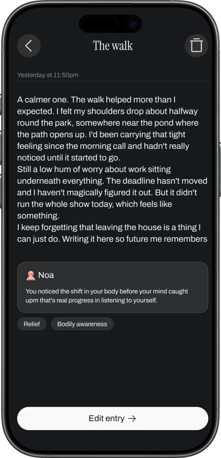 Simpli Human journal entry with a gentle reflection from Noa