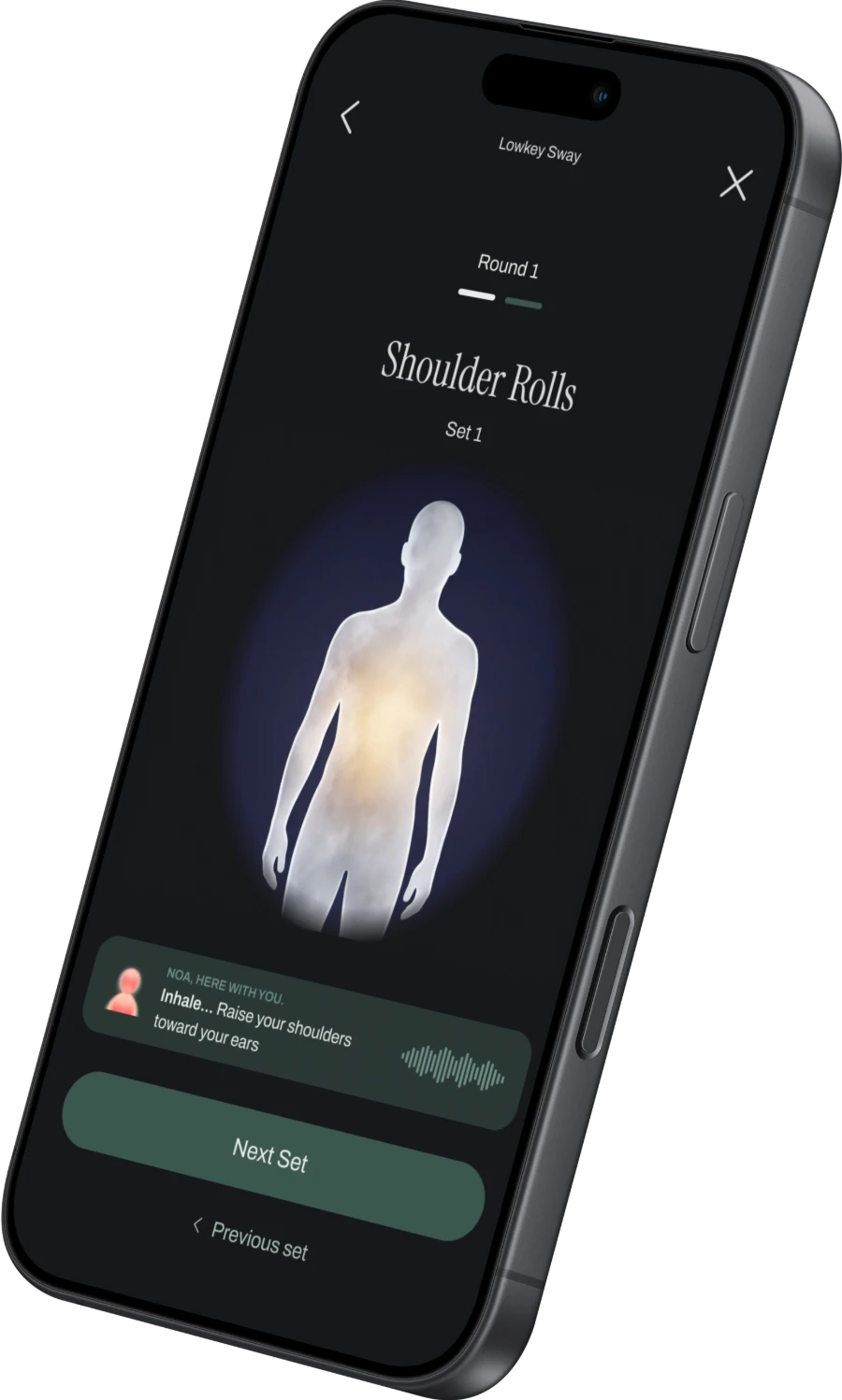 Guided shoulder rolls practice with Noa in the Simpli Human app