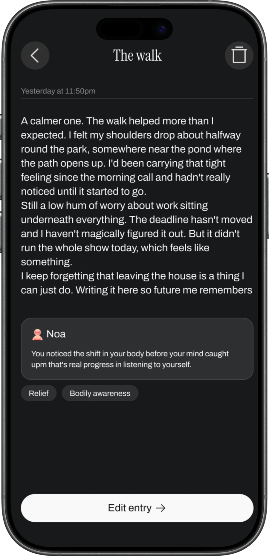 Simpli Human journal entry with a gentle reflection from Noa