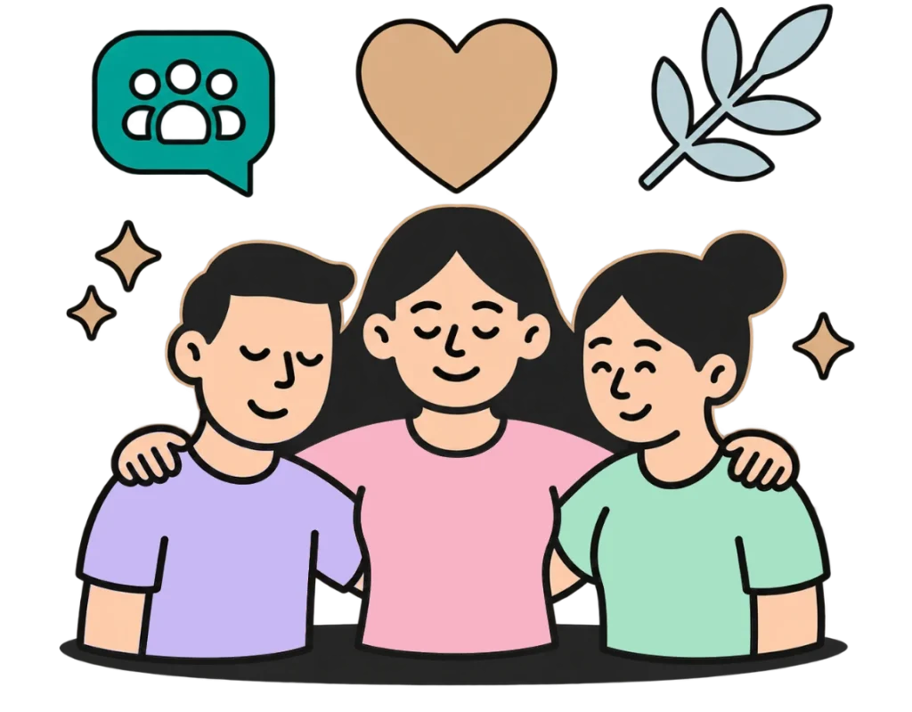 Three friends with their arms around each other, wearing pastel lavender, pink and mint shirts